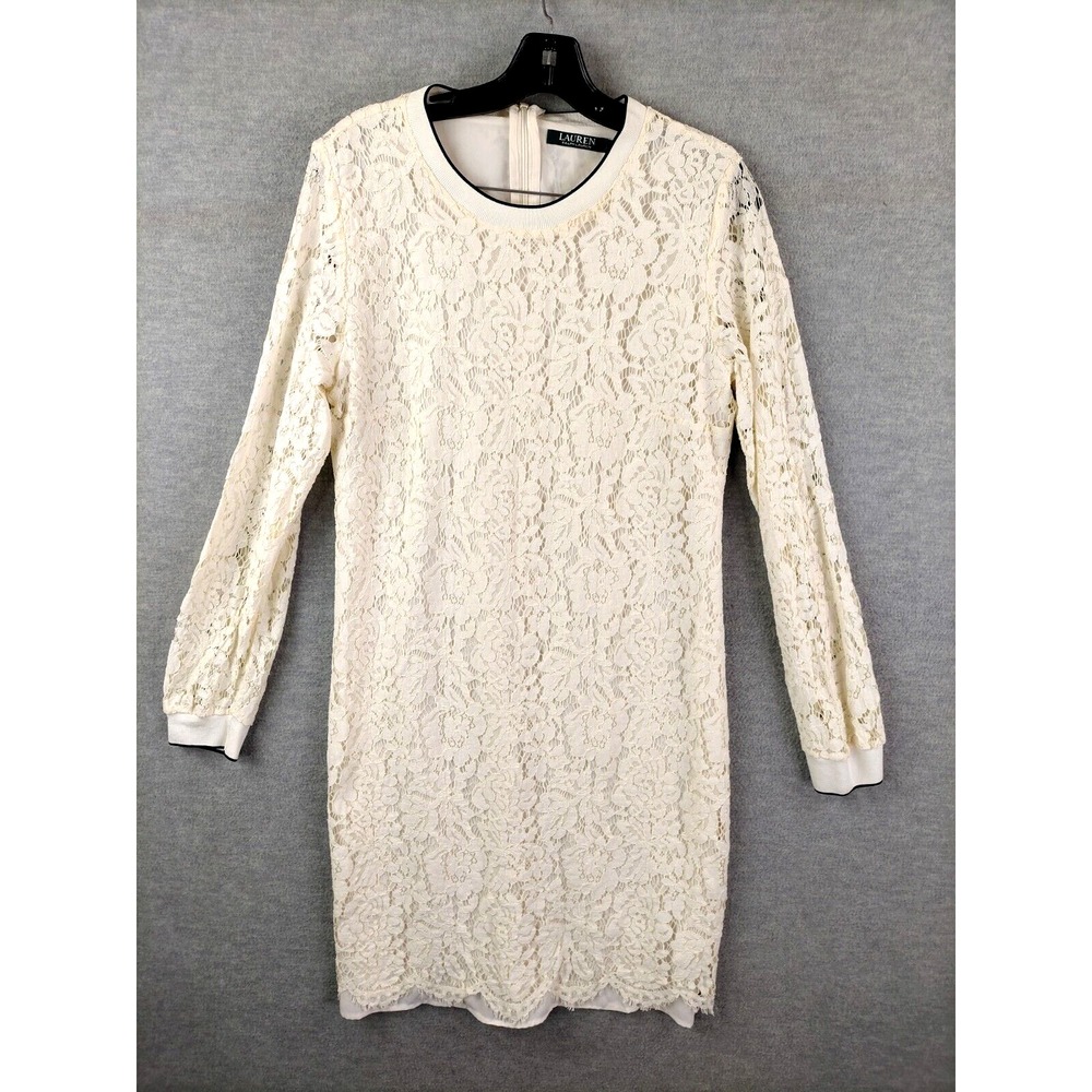 Lauren Ralph Lauren Women's Dress 10 White Lace Preppy Shift Holiday Party Class